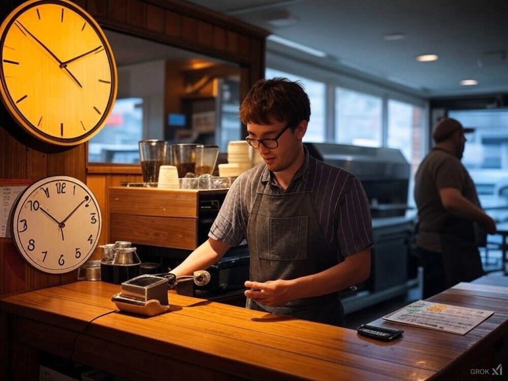 A cozy coffeehouse morning scene with a barista preparing coffee, symbolizing productivity. 