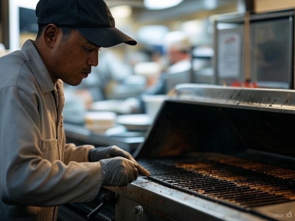 *Placeholder for AI Image*: A fast-food worker at a grill, managing orders during a busy lunch hour. 