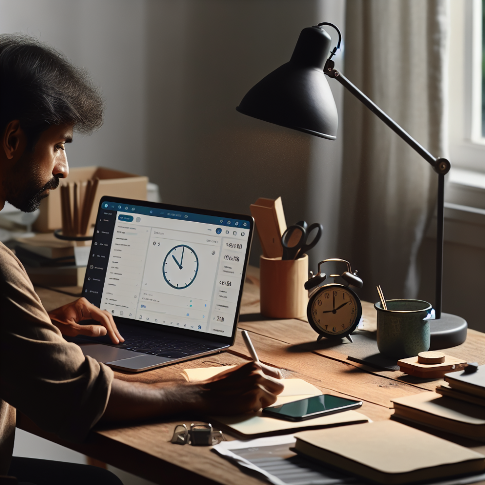 *Placeholder for AI Image*: A person working at a desk with a time-tracking app open on their laptop.